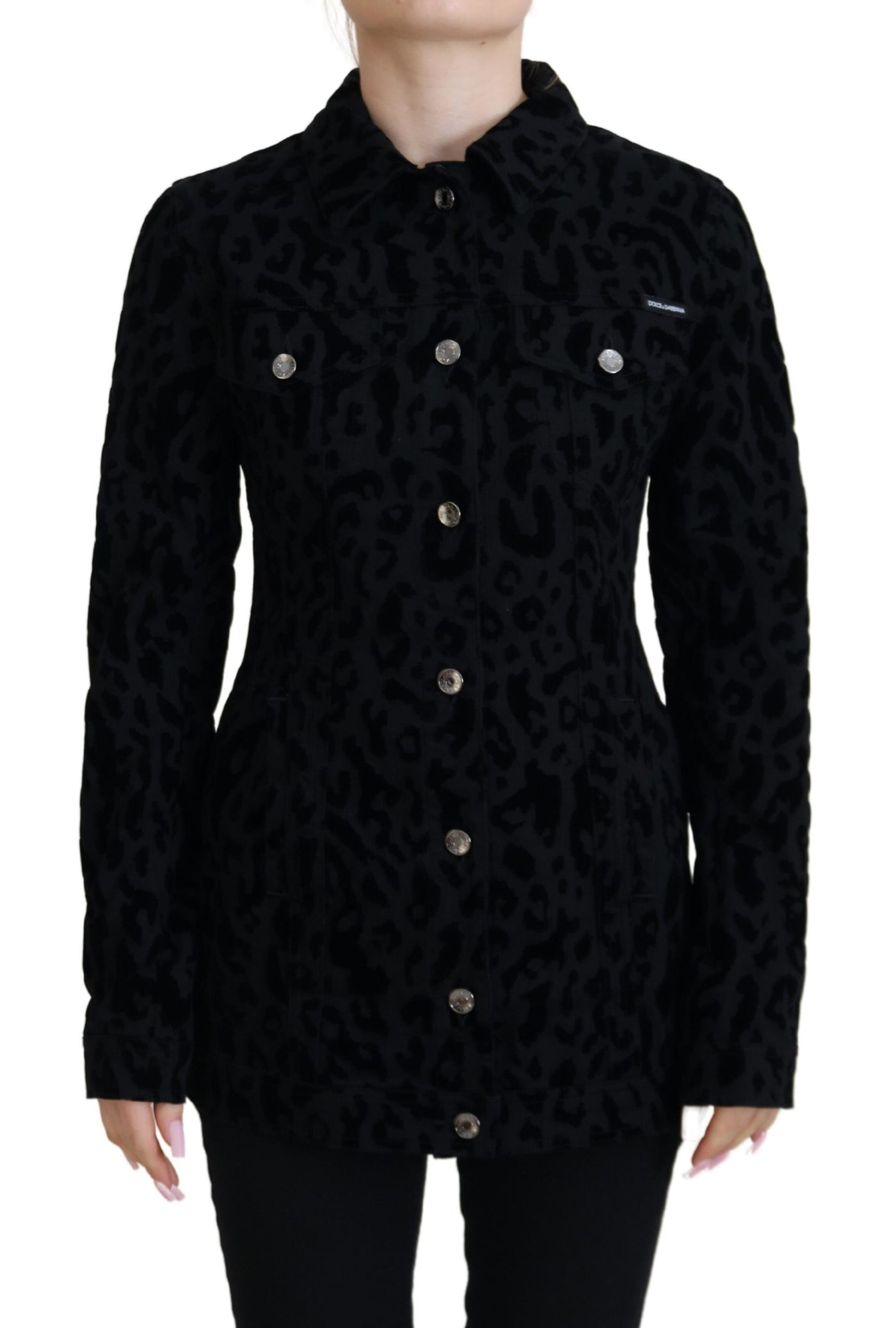 Dolce & Gabbana Black Leopard Long Sleeve Denim Cotton Jacket