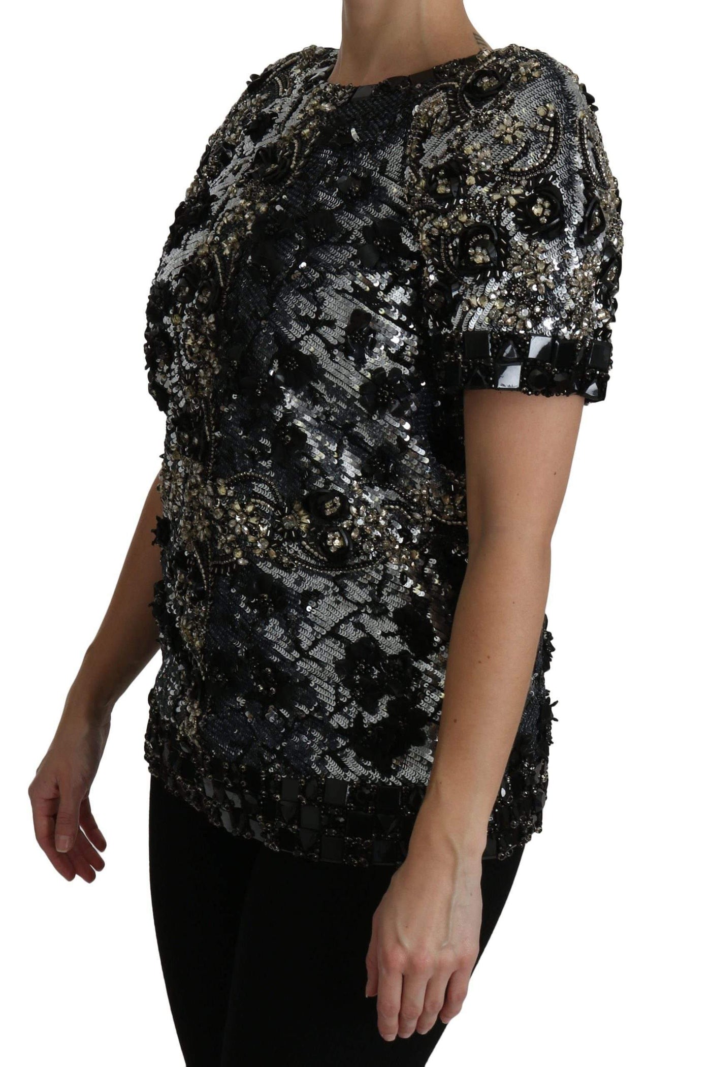 Dolce & Gabbana  Black Sequined Crystal Embellished Top Blouse #women, Black, Brand_Dolce & Gabbana, Catch, Dolce & Gabbana, feed-agegroup-adult, feed-color-black, feed-gender-female, feed-size-IT38|XS, Gender_Women, IT38|XS, Kogan, Tops & T-Shirts - Women - Clothing, Women - New Arrivals at SEYMAYKA