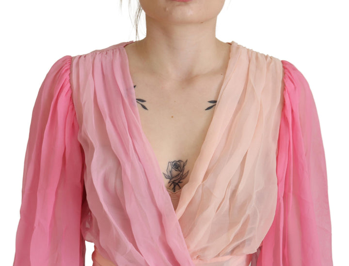 Dolce & Gabbana Pink Silk Wrap Long Sleeves Blouse Top