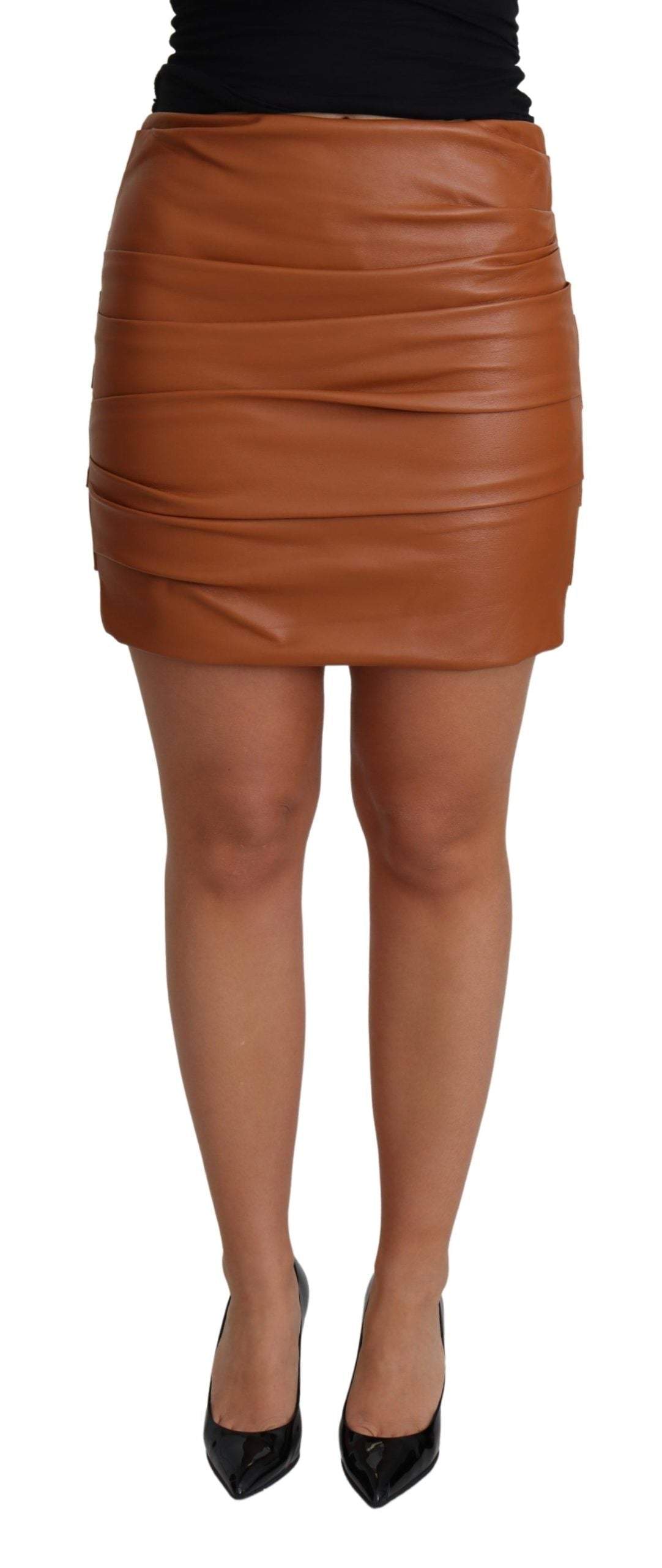 Dolce & Gabbana Brown Lambskin High Waist Mini Pleated Skirt #women, Brown, Dolce & Gabbana, feed-agegroup-adult, feed-color-Brown, feed-gender-female, IT42|M, Skirts - Women - Clothing, Women - New Arrivals at SEYMAYKA
