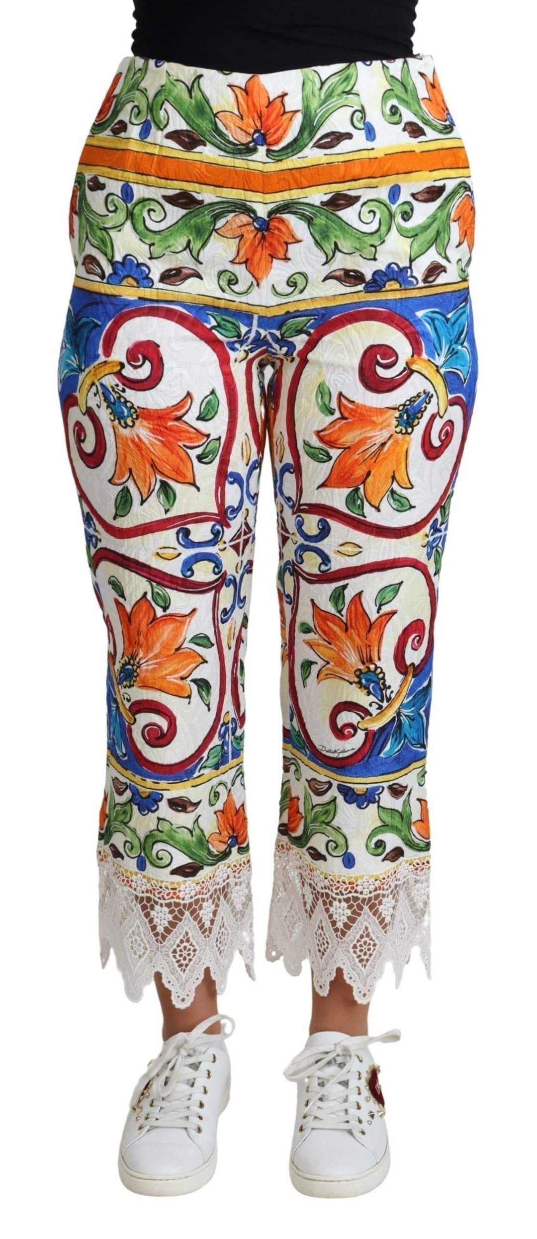 Dolce & Gabbana Multicolor Majolica Print Trouser  Cotton Pants #women, Dolce & Gabbana, feed-agegroup-adult, feed-color-Multicolor, feed-gender-female, IT36 | XS, IT40|S, Jeans & Pants - Women - Clothing, Multicolor, Women - New Arrivals at SEYMAYKA