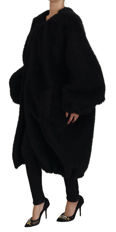 Black Cashmere Blend Faux Fur Coat Jacket