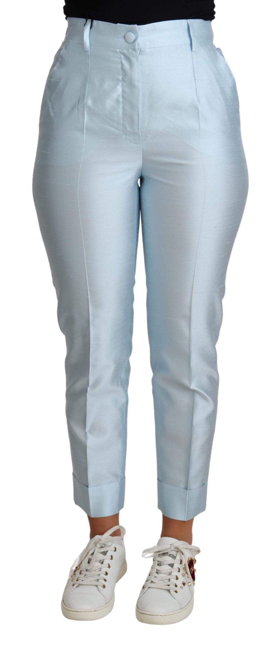 Dolce & Gabbana Light Blue Silk Cropped Tapered Trouser Pants #women, Dolce & Gabbana, feed-agegroup-adult, feed-color-Blue, feed-gender-female, IT38|XS, Jeans & Pants - Women - Clothing, Light Blue, Women - New Arrivals at SEYMAYKA