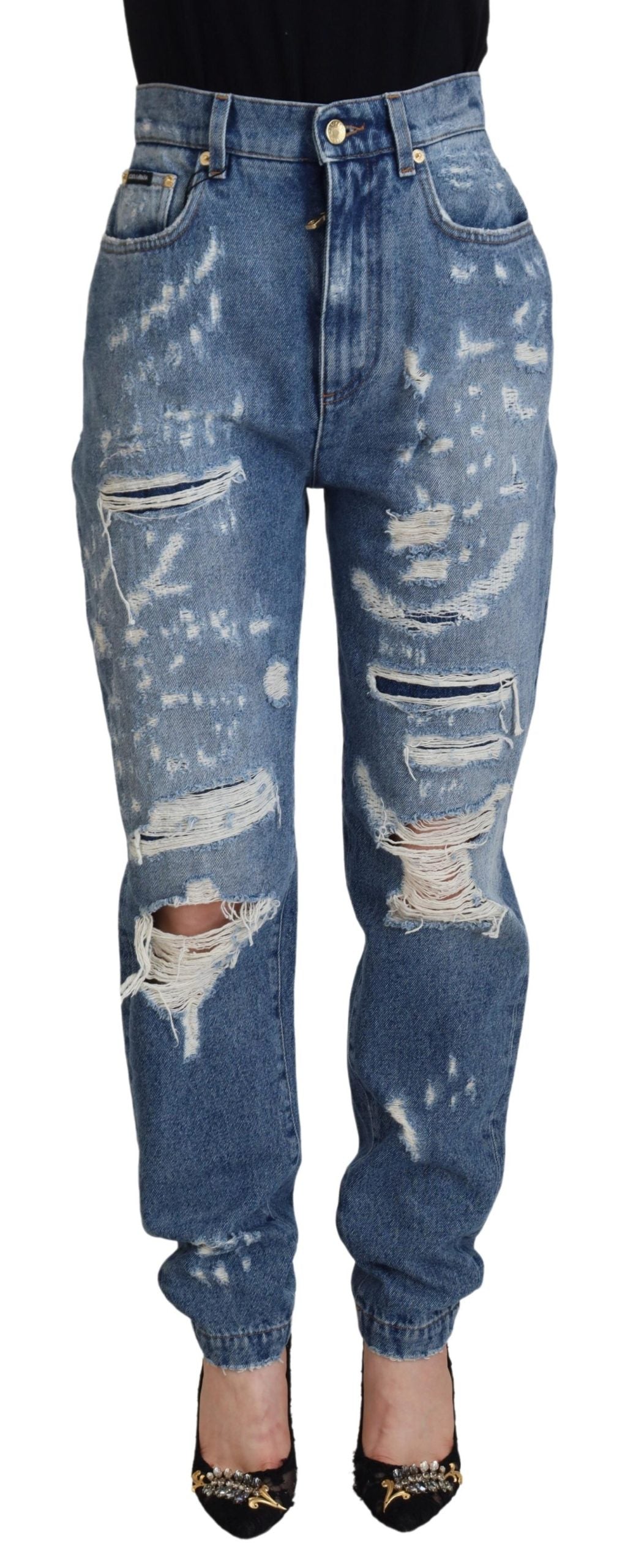 Dolce & Gabbana Blue Washed Cotton Tattered Denim Jeans