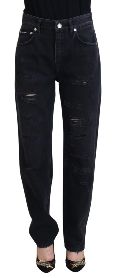 Dolce & Gabbana Black Cotton Tattered High Waist Denim Jeans