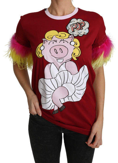 Dolce & Gabbana  Red Pig Print Feather Sleeves T-shirt Top #women, Brand_Dolce & Gabbana, Catch, Dolce & Gabbana, feed-agegroup-adult, feed-color-red, feed-gender-female, feed-size-IT36 | XS, feed-size-IT38|XS, feed-size-IT40|S, feed-size-IT42|M, Gender_Women, IT36 | XS, IT38|XS, IT40|S, IT42|M, IT46|XL, Kogan, Red, Tops & T-Shirts - Women - Clothing, Women - New Arrivals at SEYMAYKA