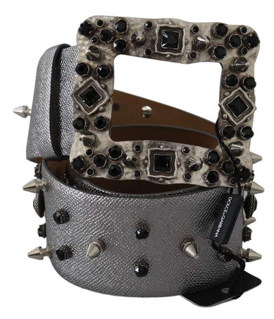 Dolce & Gabbana Silver Leather Crystal Stud Logo Buckle Belt 70 cm / 28 Inches, Accessories - New Arrivals, Belts - Women - Accessories, Dolce & Gabbana, feed-1, Silver at SEYMAYKA