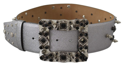 Dolce & Gabbana Silver Leather Crystal Stud Logo Buckle Belt 70 cm / 28 Inches, Accessories - New Arrivals, Belts - Women - Accessories, Dolce & Gabbana, feed-1, Silver at SEYMAYKA