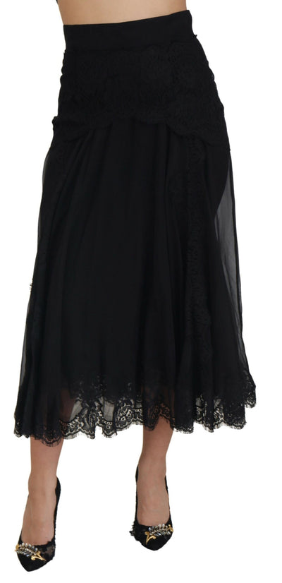 Black Silk Lace Trim High Waist Midi Skirt