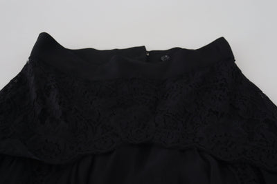 Black Silk Lace Trim High Waist Midi Skirt