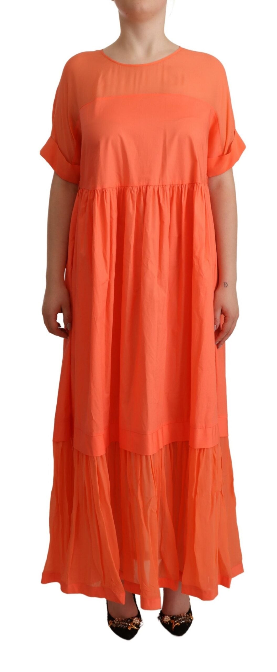 Twinset Coral Cotton Blend Short Sleeves Maxi Shift Dress