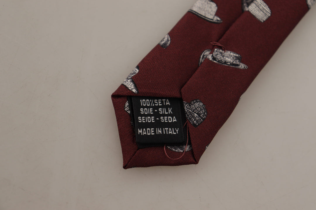 Dolce & Gabbana Maroon Hat Pattern 100% Silk Adjustable Accessory Tie