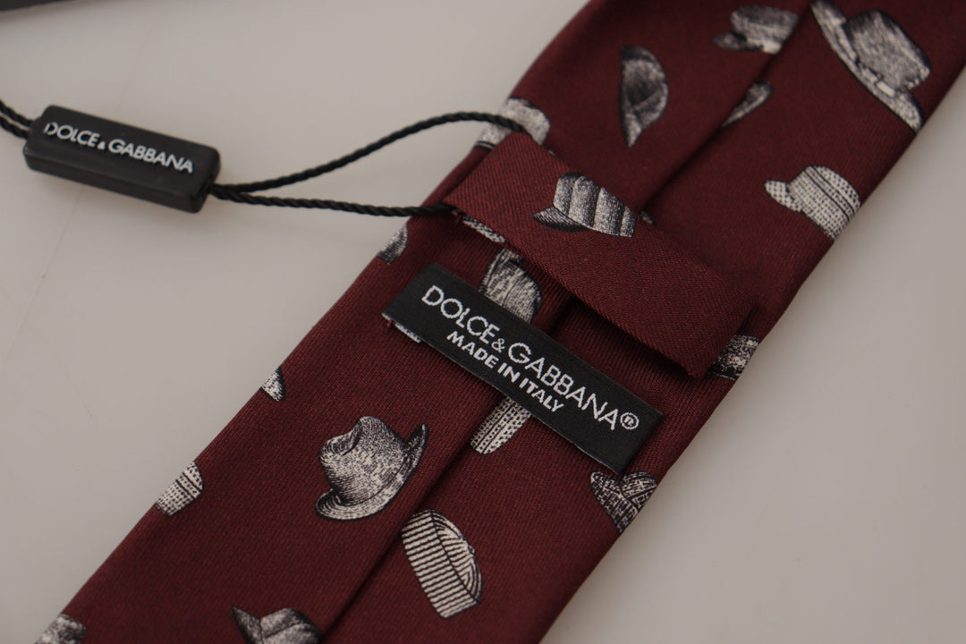 Dolce & Gabbana Maroon Hat Pattern 100% Silk Adjustable Accessory Tie