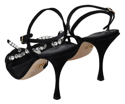 Dolce & Gabbana Black Suede Crystals Heels Sandals Shoes