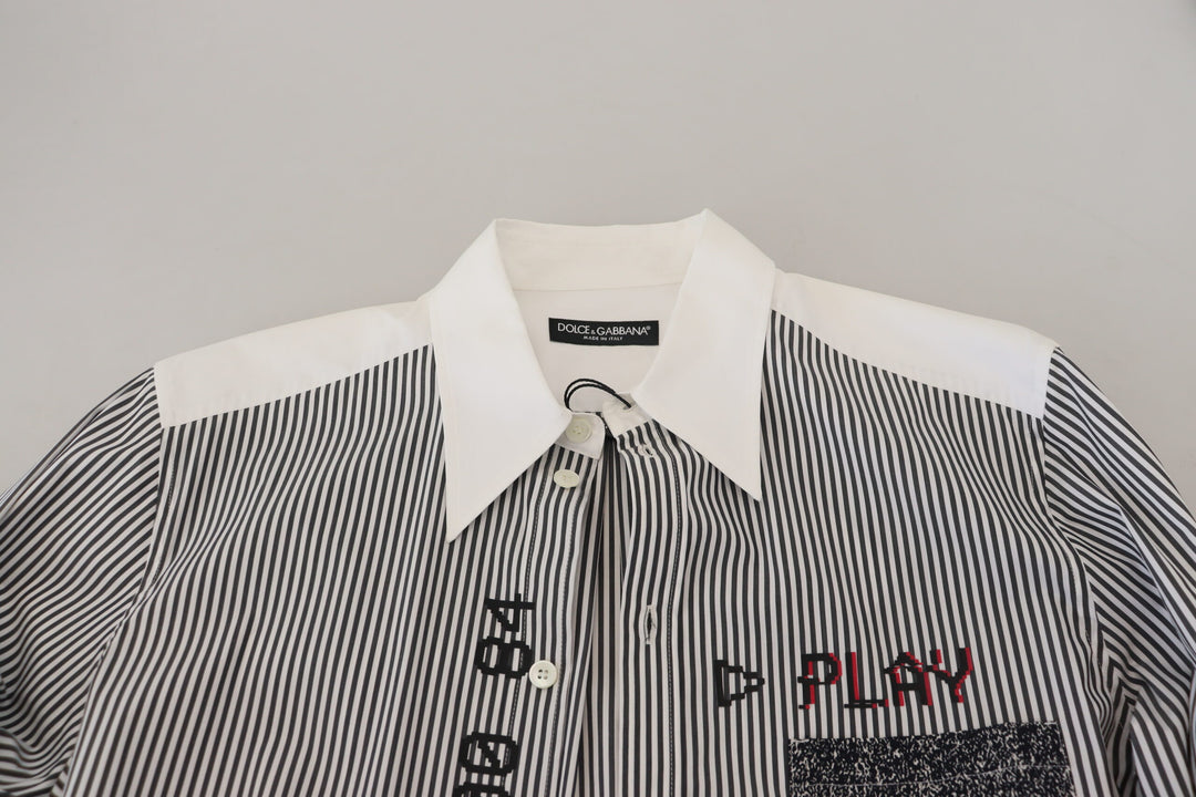 Dolce & Gabbana Black White Striped Printed Casual Cotton Shirt