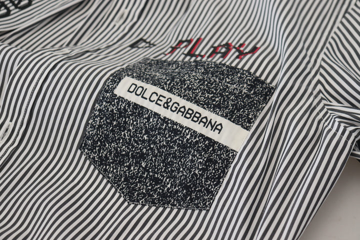 Dolce & Gabbana Black White Striped Printed Casual Cotton Shirt