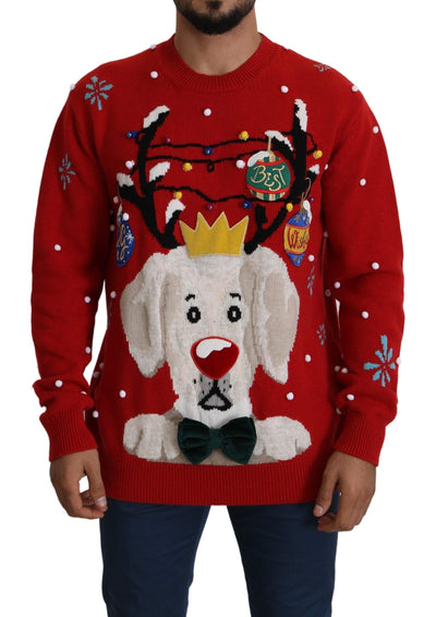 Dolce & Gabbana Red Christmas Dog Pullover Cashmere Sweater #men, Dolce & Gabbana, feed-1, IT48 | M, Men - New Arrivals, Red, Sweaters - Men - Clothing at SEYMAYKA