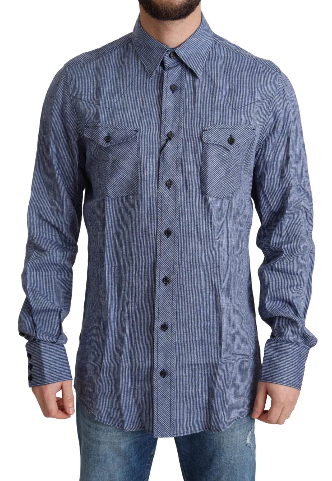 Dolce & Gabbana Blue Stripes Men Casual Button Down Shirt #men, Blue, Dolce & Gabbana, feed-agegroup-adult, feed-color-Blue, feed-gender-male, IT39 | S, Shirts - Men - Clothing at SEYMAYKA