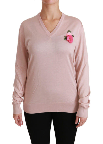 Dolce & Gabbana  Pink Floral Embellished Pullover Silk Sweater #women, Brand_Dolce & Gabbana, Catch, Dolce & Gabbana, feed-agegroup-adult, feed-color-pink, feed-gender-female, feed-size-IT36 | XS, feed-size-IT42|M, feed-size-IT44|L, feed-size-IT46|XL, Gender_Women, IT36 | XS, IT42|M, IT44|L, IT46|XL, Kogan, Pink, Sweaters - Women - Clothing, Women - New Arrivals at SEYMAYKA
