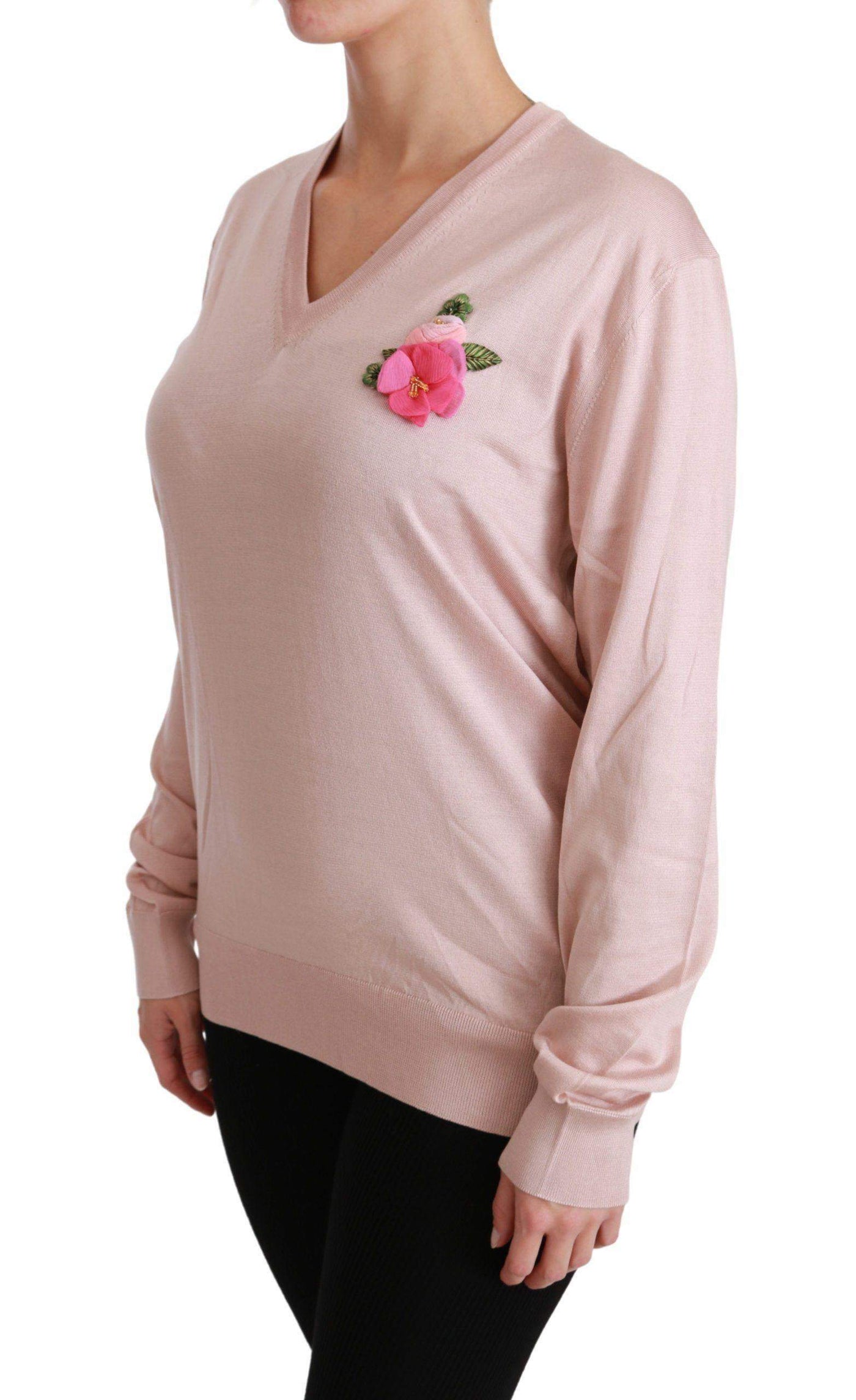 Dolce & Gabbana  Pink Floral Embellished Pullover Silk Sweater #women, Brand_Dolce & Gabbana, Catch, Dolce & Gabbana, feed-agegroup-adult, feed-color-pink, feed-gender-female, feed-size-IT36 | XS, feed-size-IT42|M, feed-size-IT44|L, feed-size-IT46|XL, Gender_Women, IT36 | XS, IT42|M, IT44|L, IT46|XL, Kogan, Pink, Sweaters - Women - Clothing, Women - New Arrivals at SEYMAYKA