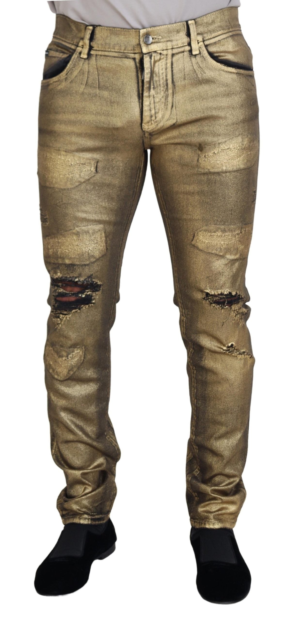 Dolce & Gabbana Gold Cotton Tattered Skinny  Denim Jeans