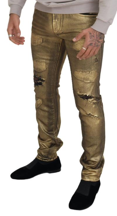 Dolce & Gabbana Gold Cotton Tattered Skinny  Denim Jeans