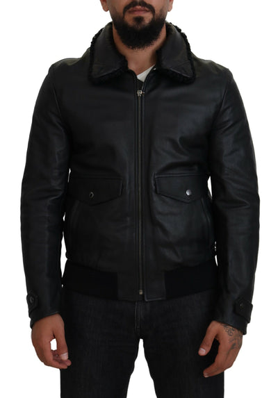 Dolce & Gabbana Black Lamb Leather Collared Men Coat Jacket