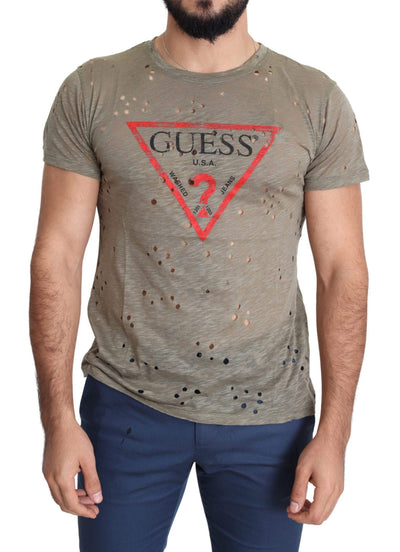Guess Brown Cotton Stretch Logo Print Men Casual Perforated T-shirt #men, Brown, feed-agegroup-adult, feed-color-brown, feed-gender-male, feed-size-L, feed-size-XL, Gender_Men, Guess, L, Men - New Arrivals, T-shirts - Men - Clothing, XL at SEYMAYKA