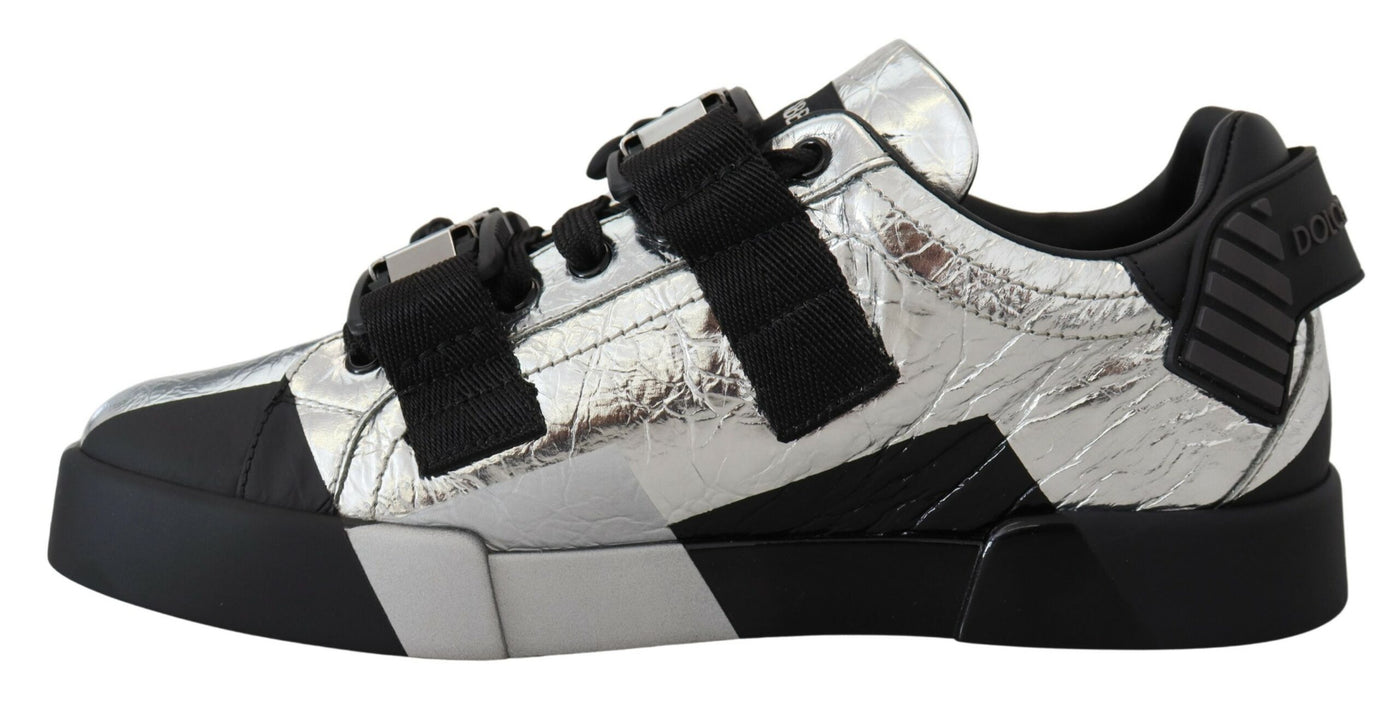 Black Silver Leather Low Top Sneakers Casual Shoes