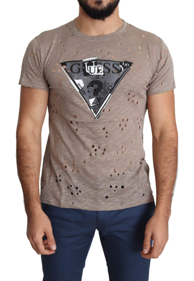 Guess Brown Cotton Stretch Logo Print Men Casual Perforated T-shirt #men, Brown, feed-agegroup-adult, feed-color-brown, feed-gender-male, feed-size-M, feed-size-XL, Gender_Men, Guess, M, Men - New Arrivals, T-shirts - Men - Clothing, XL at SEYMAYKA