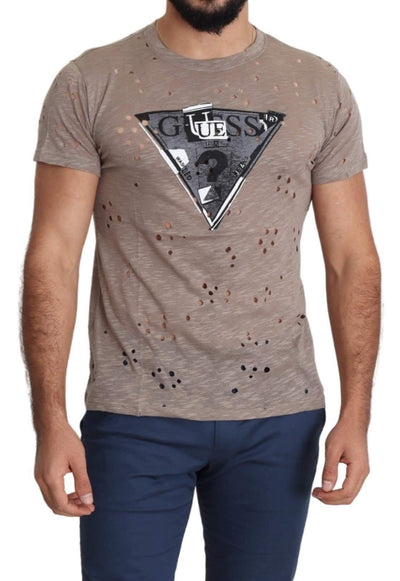 Guess Brown Cotton Stretch Logo Print Men Casual Perforated T-shirt #men, Brown, feed-agegroup-adult, feed-color-brown, feed-gender-male, feed-size-M, feed-size-XL, Gender_Men, Guess, M, Men - New Arrivals, T-shirts - Men - Clothing, XL at SEYMAYKA