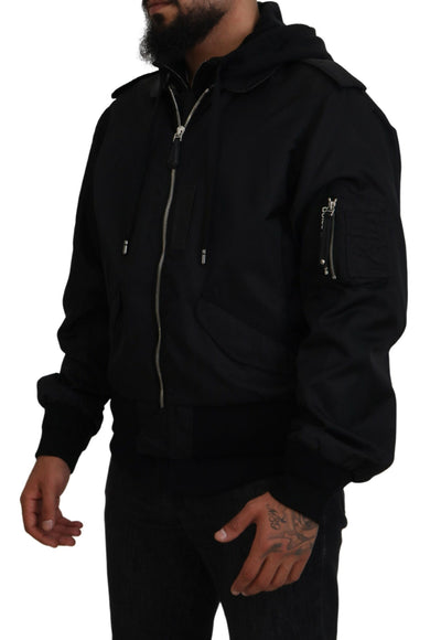 Dolce & Gabbana Black Nylon Hooded Full Zip Men Coat Jacket