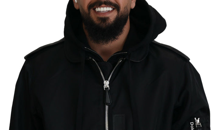 Dolce & Gabbana Black Nylon Hooded Full Zip Men Coat Jacket