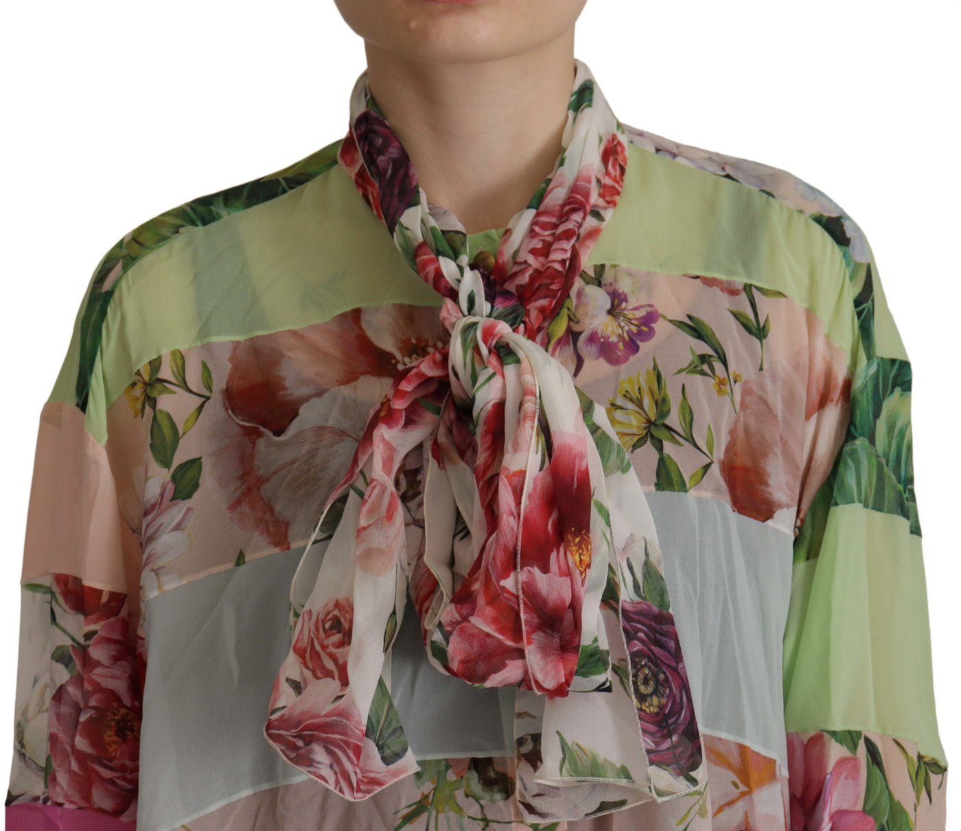 Dolce & Gabbana Multicolor  Floral Patchwork Design Ascot Collar Top Blouse