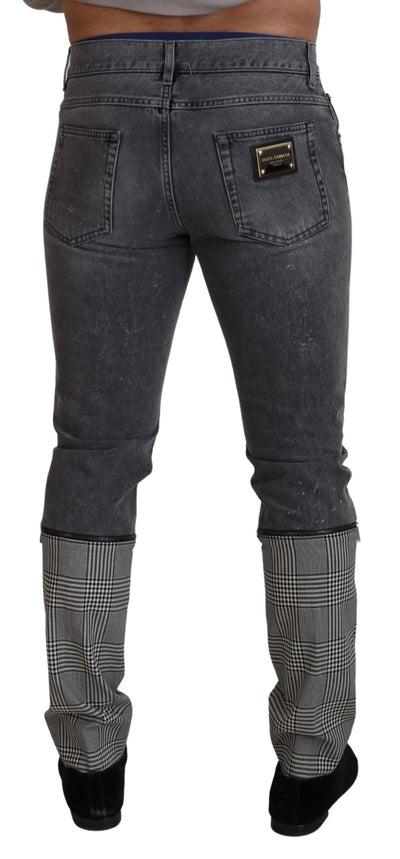 Dolce & Gabbana Gray Cotton Checkered Leg  Denim Jeans