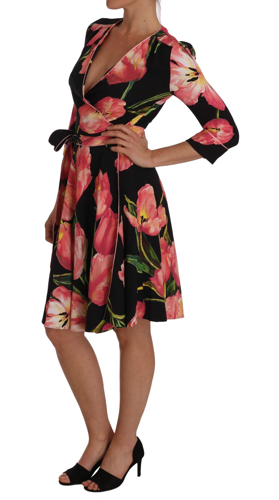 Dolce & Gabbana  Black Pink Tulip Print Stretch Shift Dress #women, Black, Brand_Dolce & Gabbana, Catch, Clothing_Dress, Dolce & Gabbana, Dresses - Women - Clothing, feed-agegroup-adult, feed-color-black, feed-gender-female, feed-size-IT38|XS, Gender_Women, IT38|XS, Kogan, Women - New Arrivals at SEYMAYKA