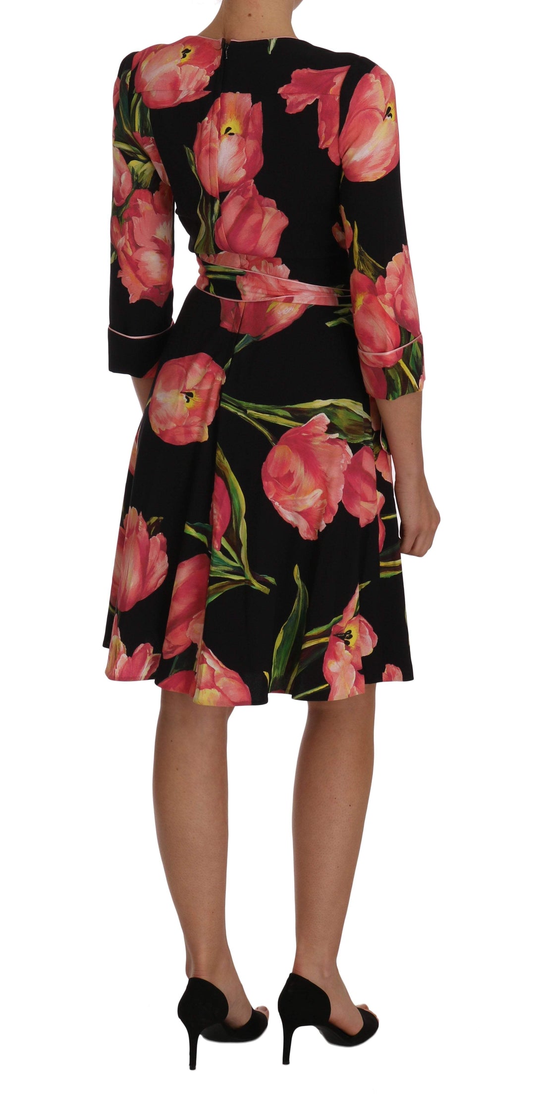 Dolce & Gabbana  Black Pink Tulip Print Stretch Shift Dress #women, Black, Brand_Dolce & Gabbana, Catch, Clothing_Dress, Dolce & Gabbana, Dresses - Women - Clothing, feed-agegroup-adult, feed-color-black, feed-gender-female, feed-size-IT38|XS, Gender_Women, IT38|XS, Kogan, Women - New Arrivals at SEYMAYKA