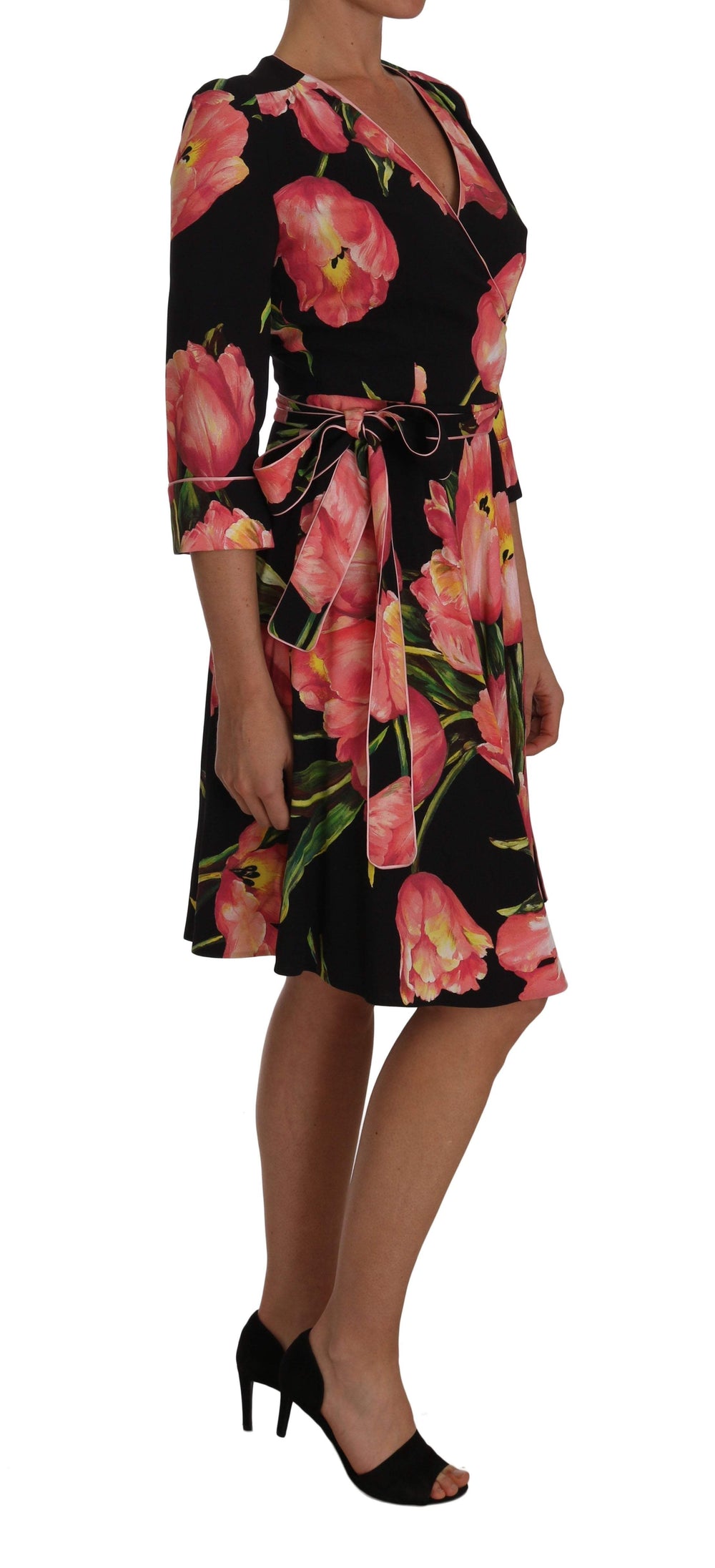 Dolce & Gabbana  Black Pink Tulip Print Stretch Shift Dress #women, Black, Brand_Dolce & Gabbana, Catch, Clothing_Dress, Dolce & Gabbana, Dresses - Women - Clothing, feed-agegroup-adult, feed-color-black, feed-gender-female, feed-size-IT38|XS, Gender_Women, IT38|XS, Kogan, Women - New Arrivals at SEYMAYKA