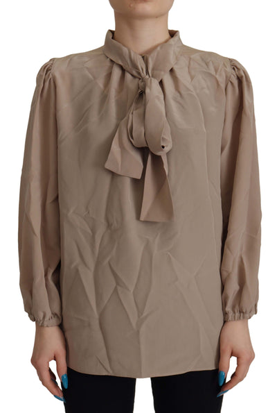 Dolce & Gabbana Brown Waistband Sleeves Ascot Collar Top Blouse