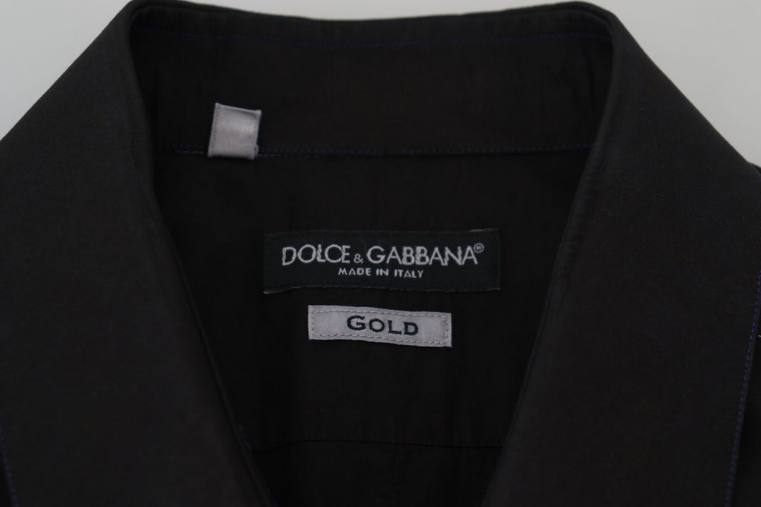 Dolce & Gabbana Black Cotton Collared Long Sleeve GOLD Shirt