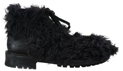 Black Leather Combat Shearling Boots Shoes