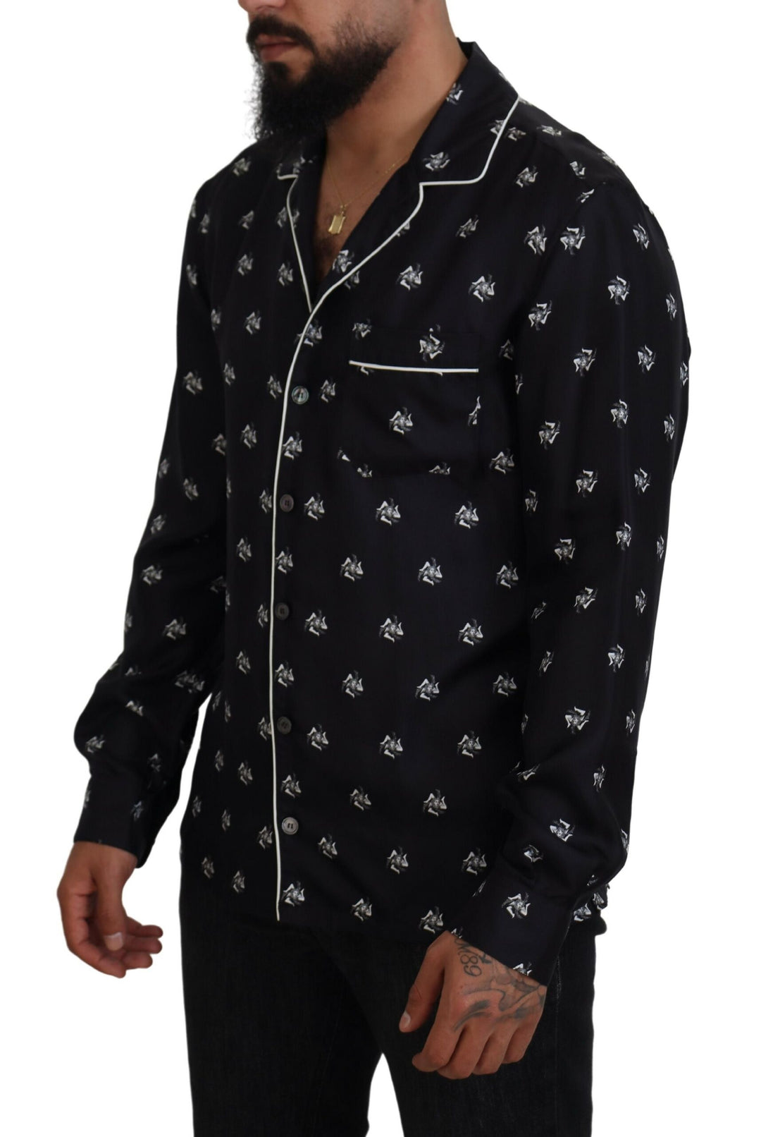 Dolce & Gabbana Black Printed Collared Men Long Sleeve Pajama Top