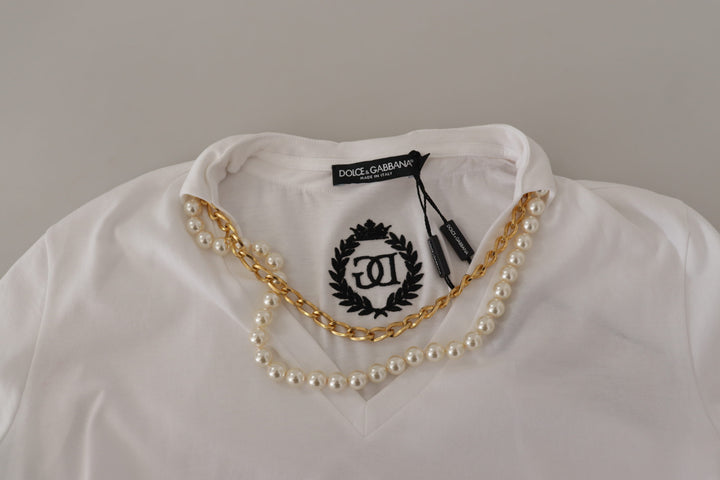 Dolce & Gabbana White Necklace Embellished Neckline T-shirt Top