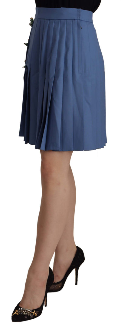 Dolce & Gabbana Blue Embellished Pleated Mini Skirt Wool