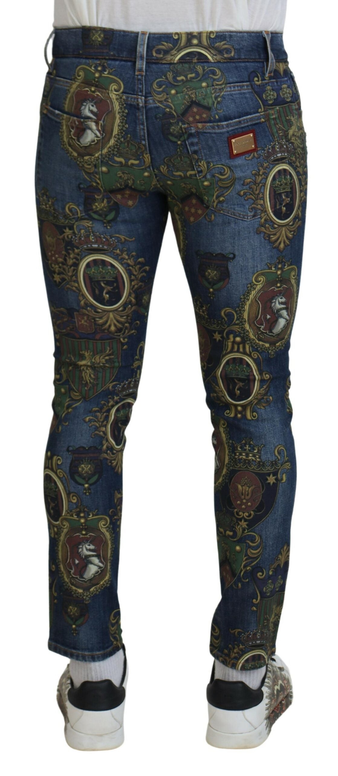 Dolce & Gabbana Blue Heraldic Print Cotton Skinny Denim Jeans