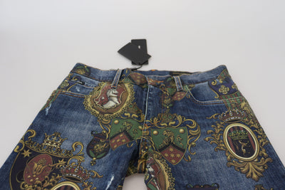 Dolce & Gabbana Blue Heraldic Print Cotton Skinny Denim Jeans