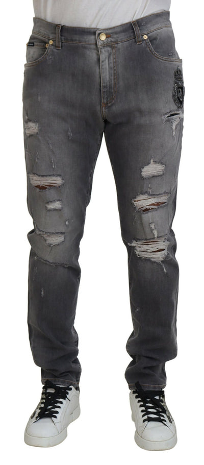Dolce & Gabbana Gray Embroidery Tattered Cotton Denim Jeans