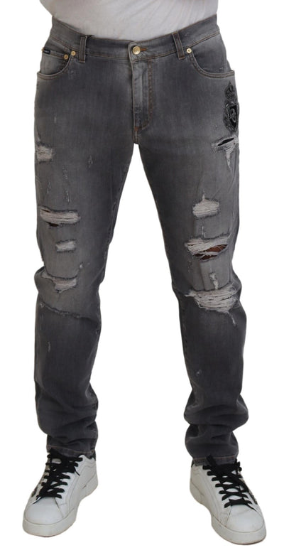 Dolce & Gabbana Gray Embroidery Tattered Cotton Denim Jeans
