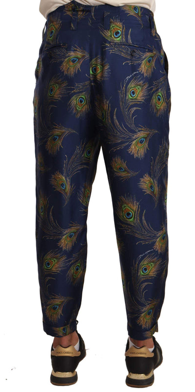 Dolce & Gabbana Blue Peacock Print Tapered Trousers Silk Pants #men, Blue, Dolce & Gabbana, feed-agegroup-adult, feed-color-Blue, feed-gender-male, IT46 | S, IT48 | M, Jeans & Pants - Men - Clothing at SEYMAYKA
