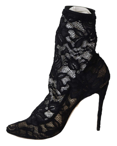 Dolce & Gabbana Black Lace Taormina High Heel Boots Shoes Black, Boots - Women - Shoes, Dolce & Gabbana, EU36.5/US6, feed-agegroup-adult, feed-color-Black, feed-gender-female, Shoes - New Arrivals at SEYMAYKA